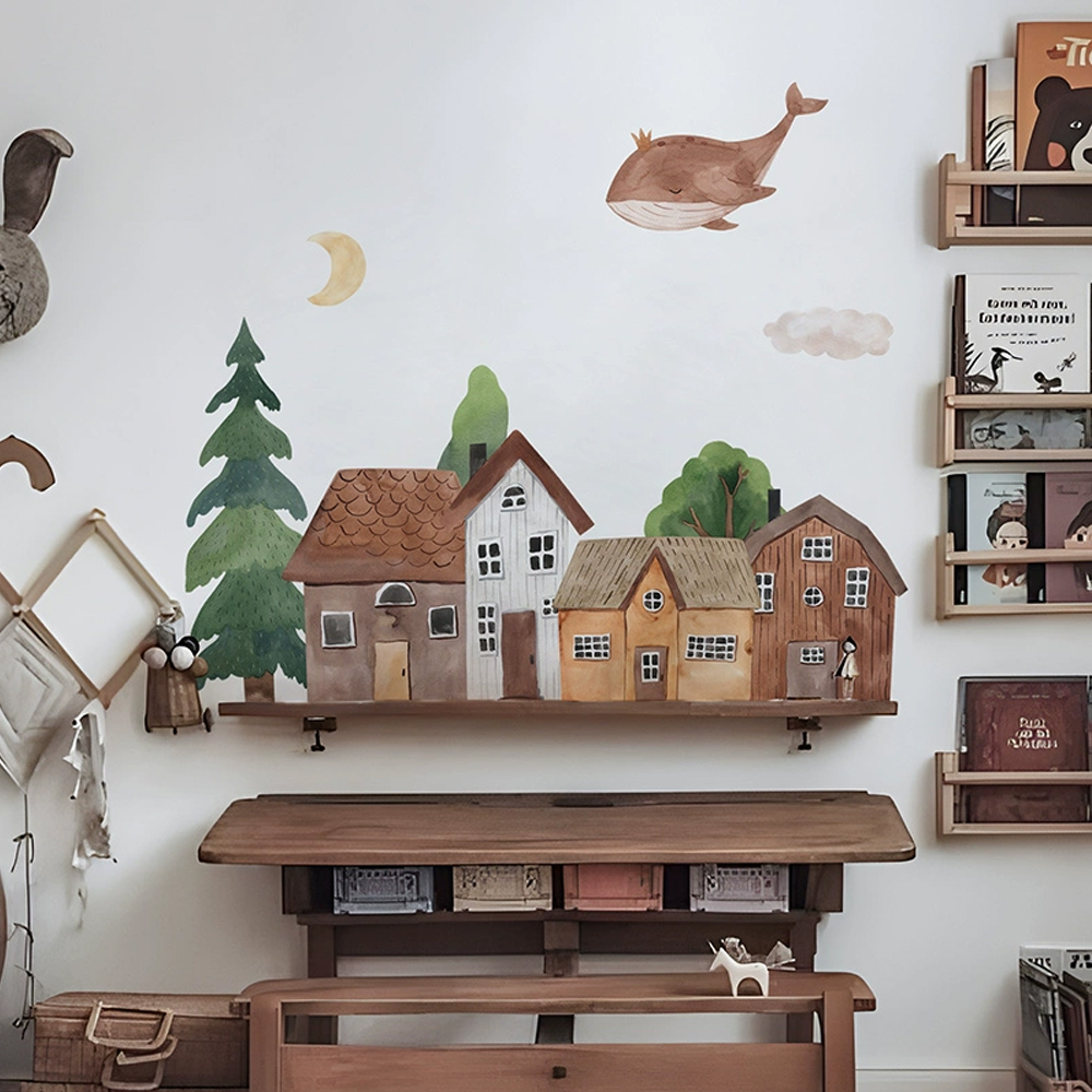 Home Textile - Tessuto Cartoon Forest Vintage Town Wall